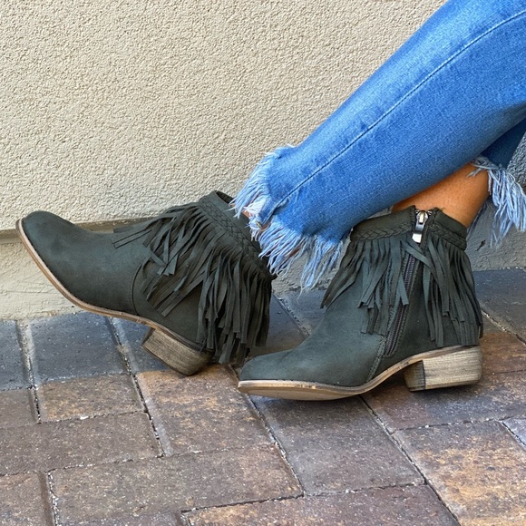 Olive Green Western Boho Braid Fringe Ankle Boots - Picture 8 of 13